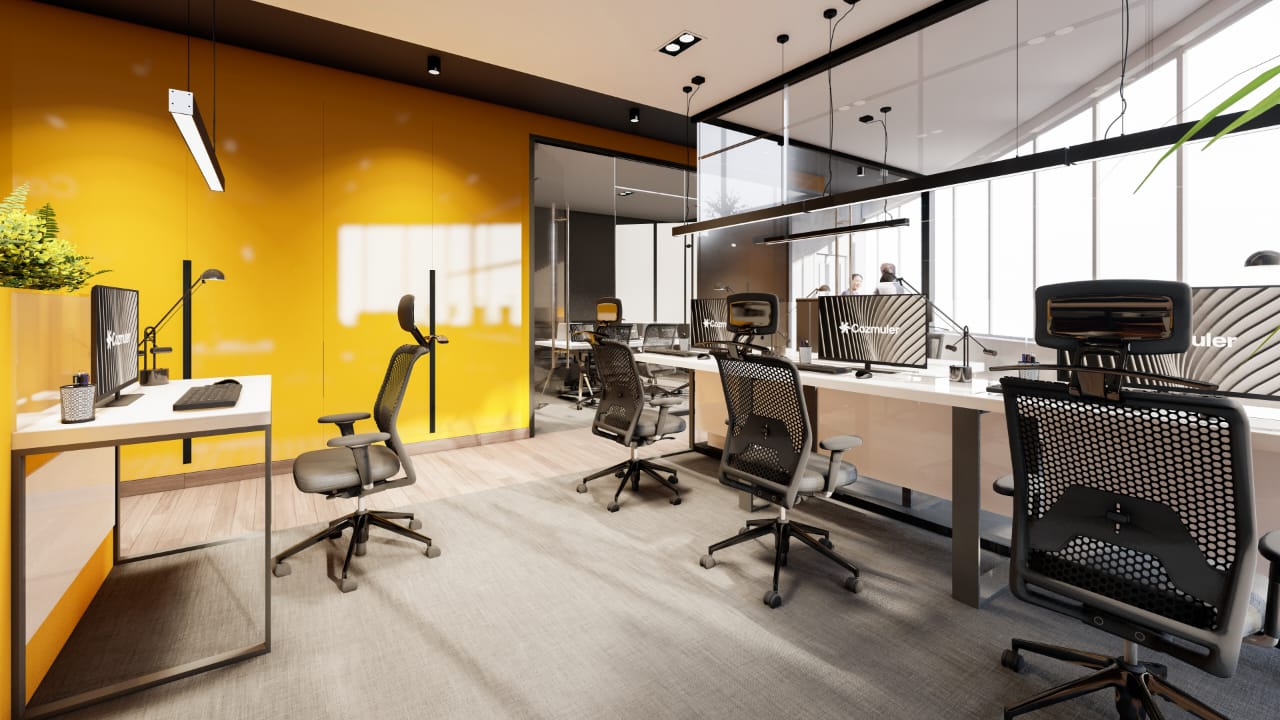 Yellow Wall Paint 3D Office Design